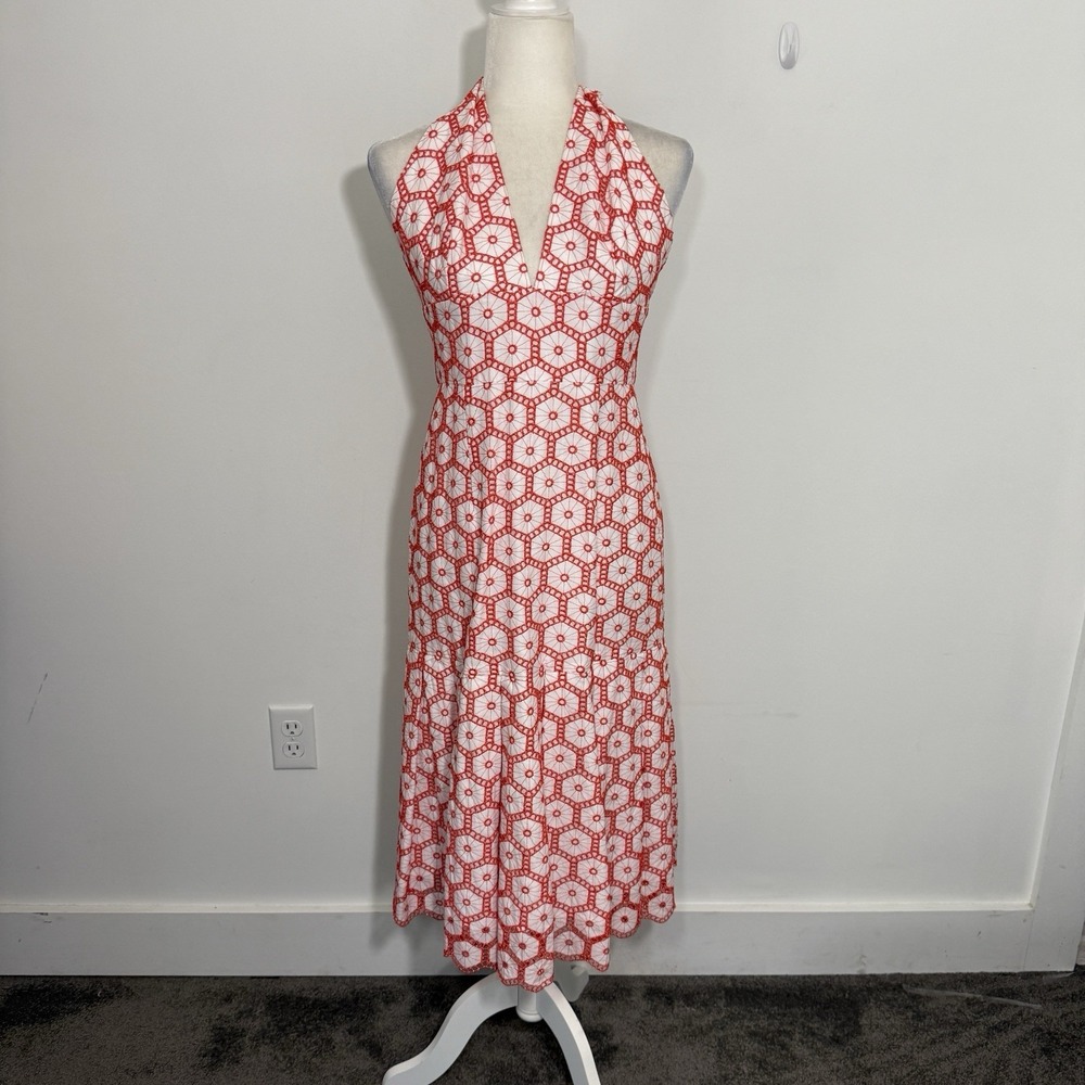 Milly Womens Dress 8 Orange White Eyelet Halter Midi Retro Pinup Resort